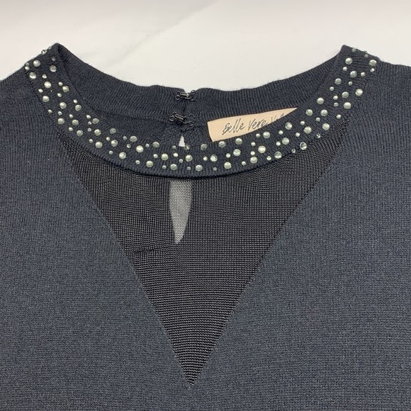 Belle Vere Notte Long Sleeve Bejeweled Crew Neck Wool Blend Dress Black Medium - Picture 5 of 12